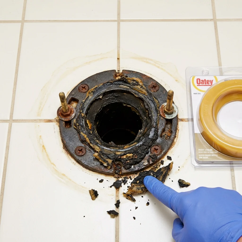 Failed wax ring showing water seepage at the base of a toilet in a Strasburg, OH home