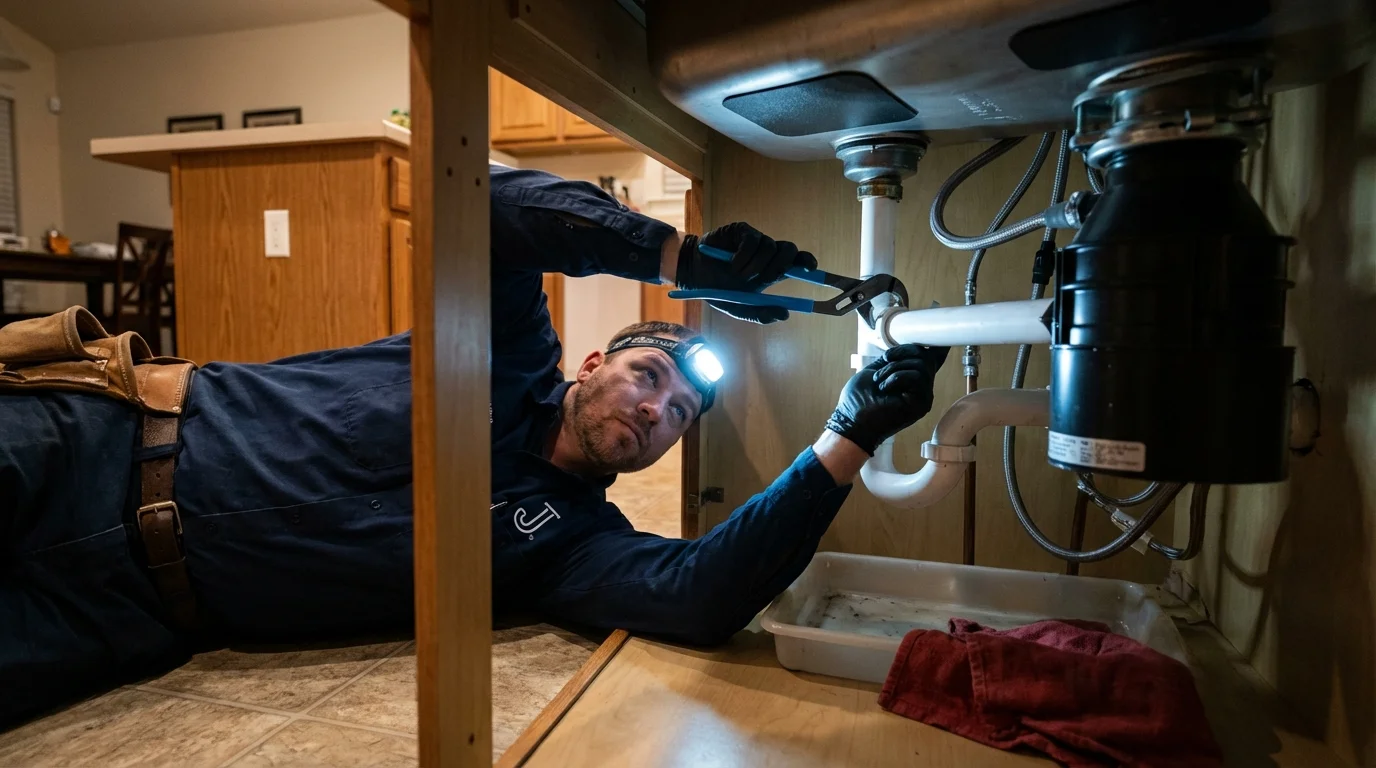 P-trap and supply line connections under a kitchen sink showing a common leak point in Strasburg, OH